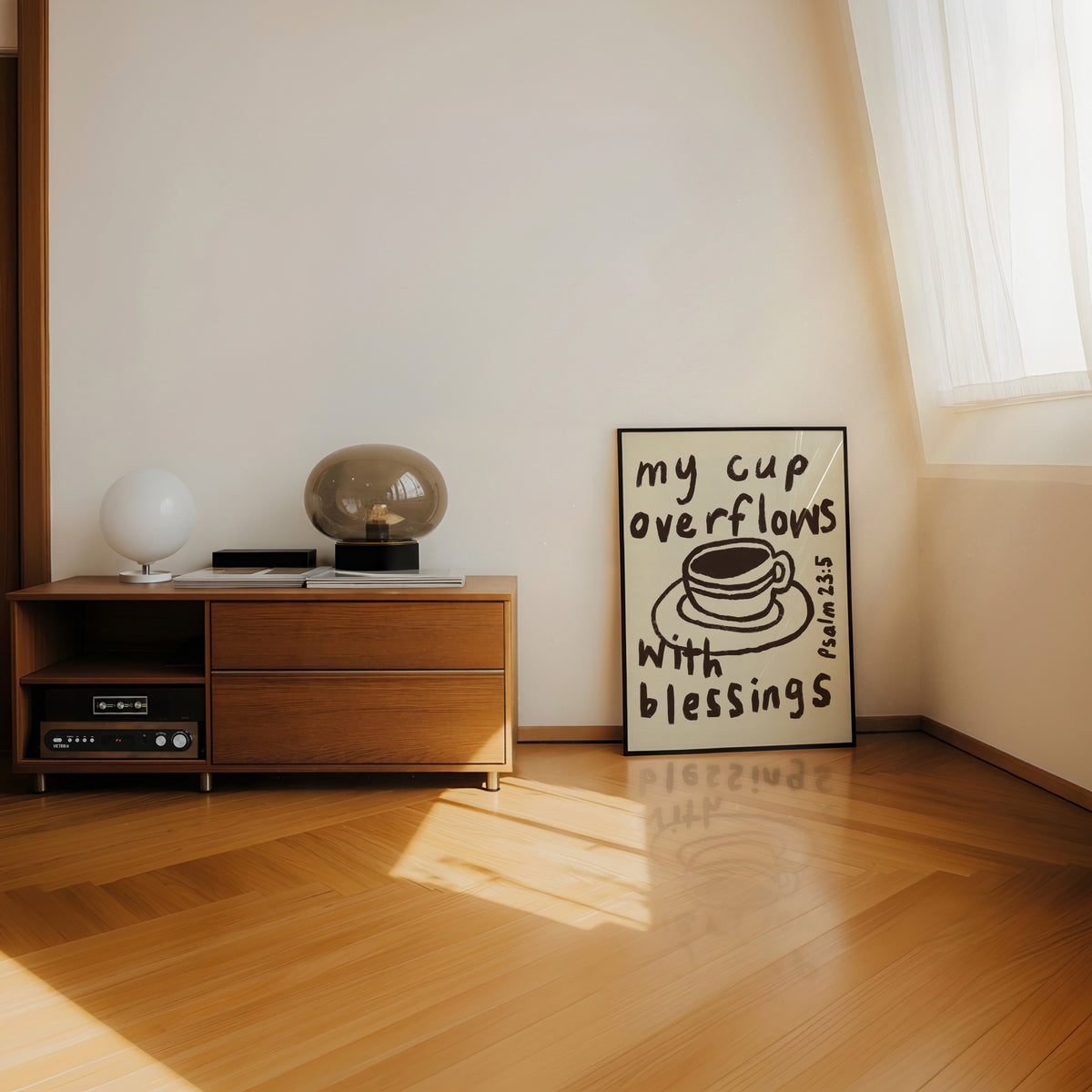 Psalm 23:5 Christian Wall Art Print – My Cup Overflows Blessings neutral version (Digital Download)